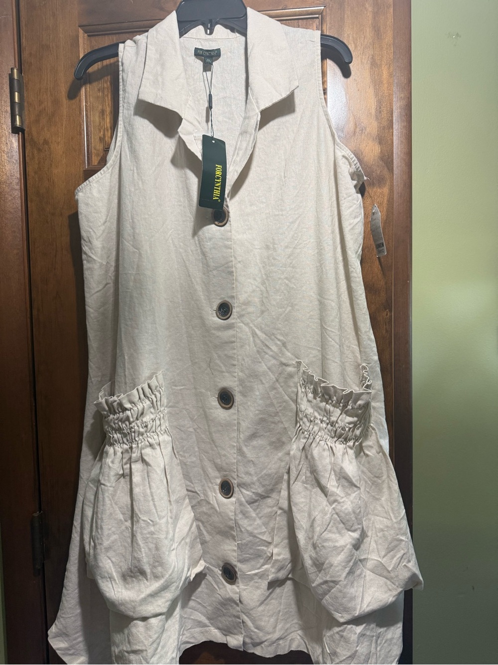 NEW FORCYNTHIA Light Beige Sleeveless Button Front Linen Dress with Pockets XL